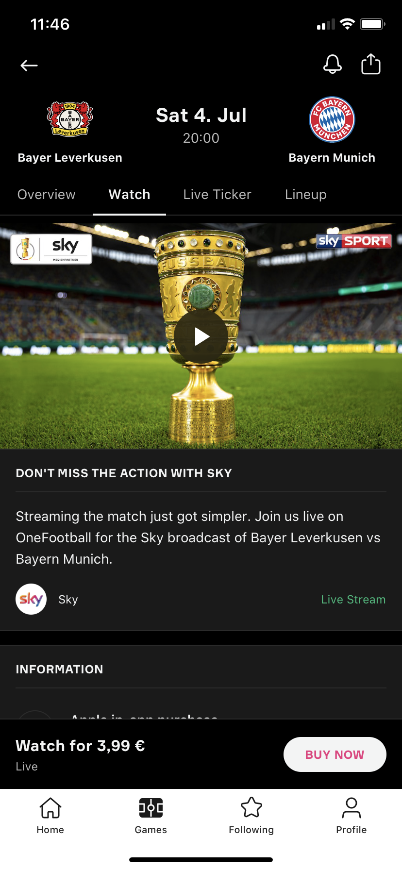 Information about match live streaming in the OneFootball App ...